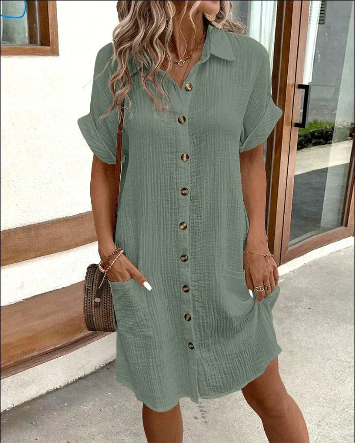 Cotton Shirt Dress with Button Closure and Side Pockets – Casual Summer Style in White 3