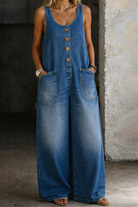 Denim Overalls with Sleeveless Design and Side Pockets – Vintage Washed Casual Style 0