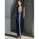 Elegant Evening Gown with Front Zipper and Side Slit – Navy and White Contrast for Formal Events and Wedding Guests 0
