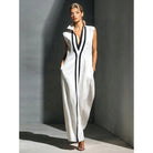 Elegant Evening Gown with Front Zipper and Side Slit – Navy and White Contrast for Formal Events and Wedding Guests 1