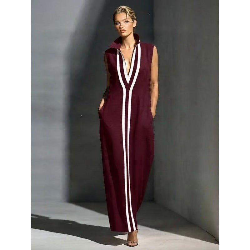 Elegant Evening Gown with Front Zipper and Side Slit – Navy and White Contrast for Formal Events and Wedding Guests 2