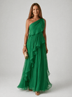 Elegant Maxi Dress with Cascading Ruffles and One-Shoulder Design – Lightweight Soft Fabric 0