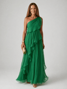Elegant Maxi Dress with Cascading Ruffles and One-Shoulder Design – Lightweight Soft Fabric 0