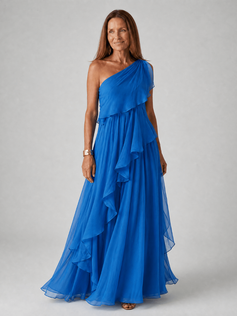 Elegant Maxi Dress with Cascading Ruffles and One-Shoulder Design – Lightweight Soft Fabric 7