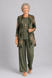 Elegant Three-Piece Set with Botanical Print Trousers – Plus Size Women's Casual Outfit – Lightweight and Breathable 0