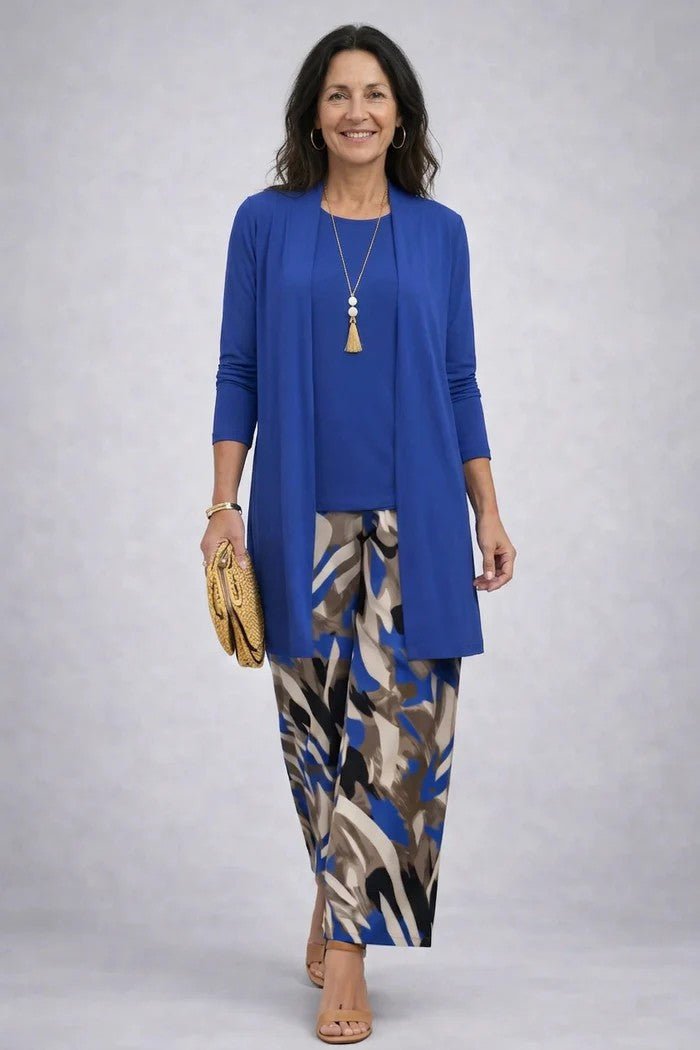 Elegant Three-Piece Set with Botanical Print Trousers – Plus Size Women's Casual Outfit – Lightweight and Breathable 2