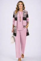 Elegant Three-Piece Set with Botanical Print Trousers – Plus Size Women's Casual Outfit – Lightweight and Breathable 4