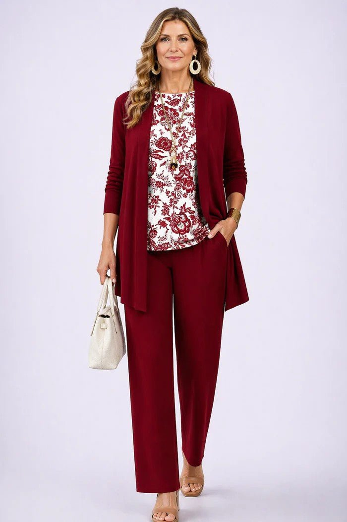 Elegant Three-Piece Set with Botanical Print Trousers – Plus Size Women's Casual Outfit – Lightweight and Breathable 5