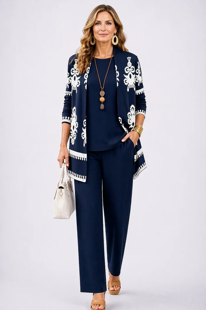 Elegant Three-Piece Set with Botanical Print Trousers – Plus Size Women's Casual Outfit – Lightweight and Breathable 6