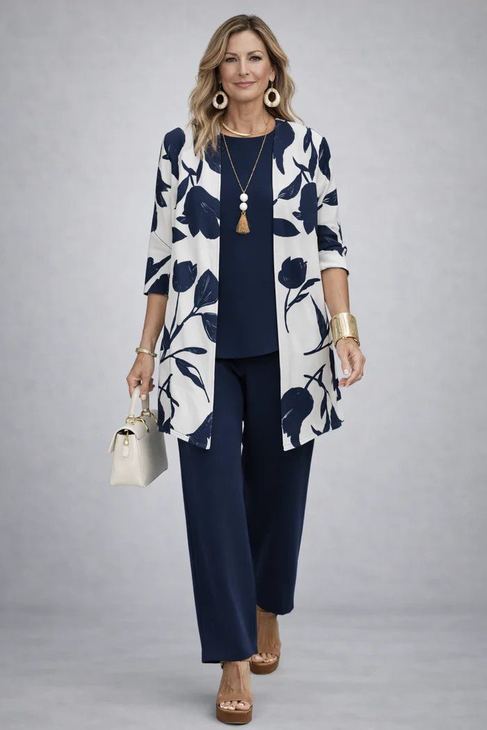 Elegant Three-Piece Set with Botanical Print Trousers – Plus Size Women's Casual Outfit – Lightweight and Breathable 7