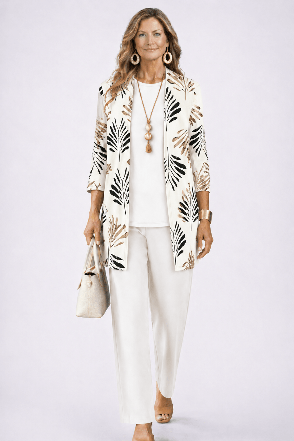 Elegant Three-Piece Set with Botanical Print Trousers – Plus Size Women's Casual Outfit – Lightweight and Breathable 8
