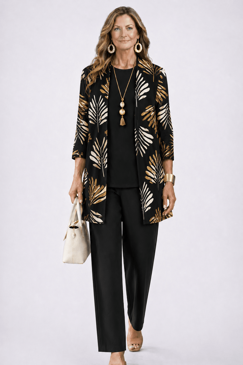 Elegant Three-Piece Set with Botanical Print Trousers – Plus Size Women's Casual Outfit – Lightweight and Breathable 9