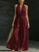 Elegant Wide-Leg Jumpsuit with Lace Overlay and Adjustable Halter Tie for Women – Soft Breathable Fabric 0