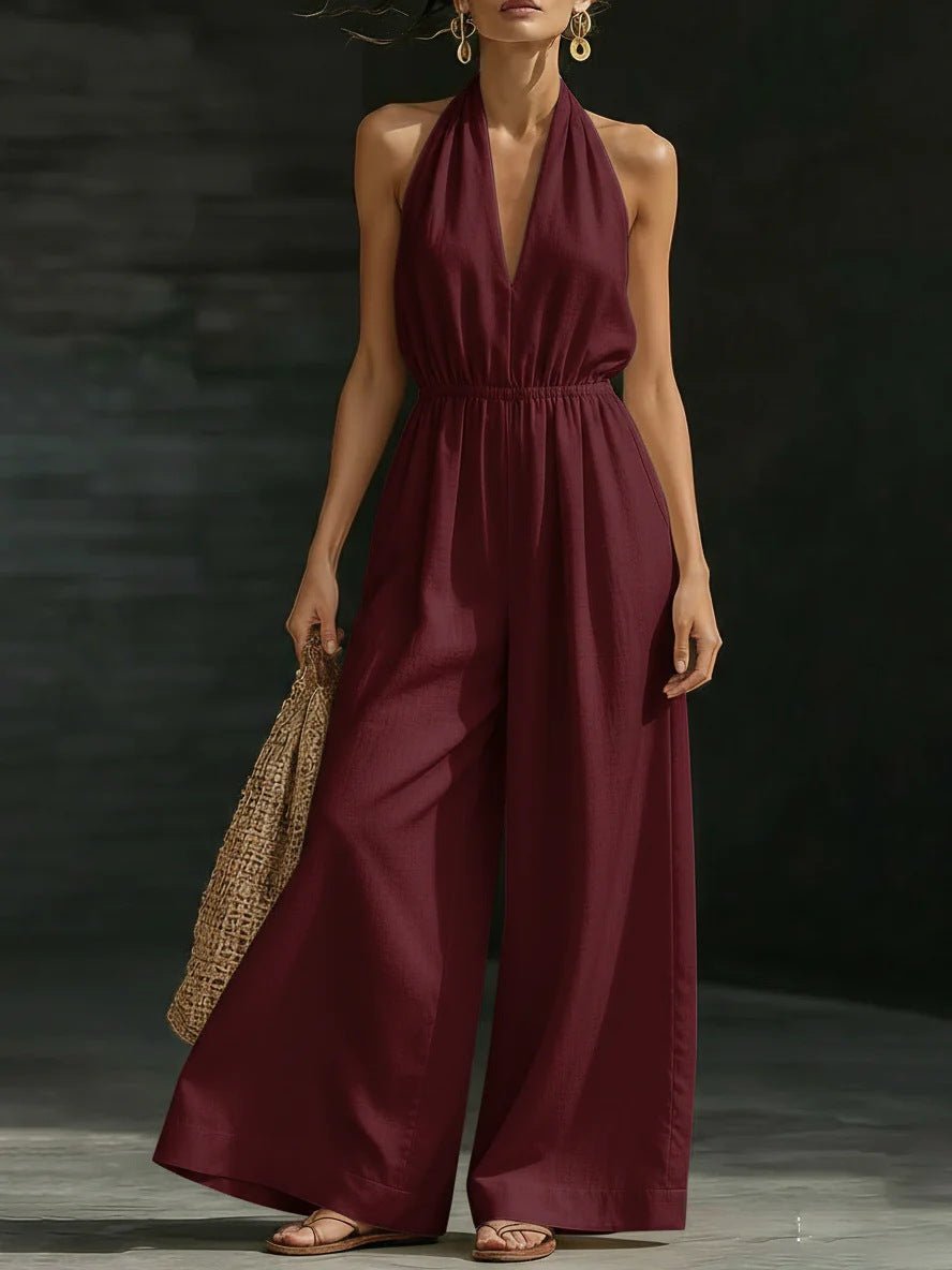 Elegant Wide-Leg Jumpsuit with Lace Overlay and Adjustable Halter Tie for Women – Soft Breathable Fabric 0