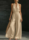 Elegant Wide-Leg Jumpsuit with Lace Overlay and Adjustable Halter Tie for Women – Soft Breathable Fabric 1
