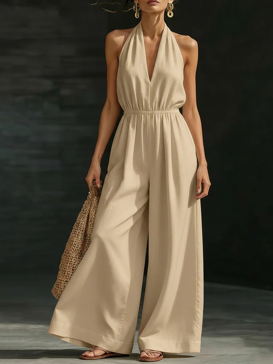 Elegant Wide-Leg Jumpsuit with Lace Overlay and Adjustable Halter Tie for Women – Soft Breathable Fabric 1