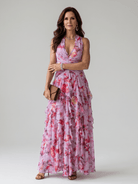 Floral Maxi Dress with Halter Neck and Ruched Bodice – Lightweight Summer Dress for Wedding Guests 0