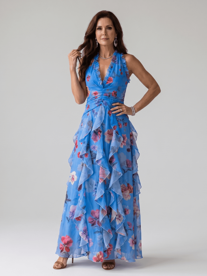 Floral Maxi Dress with Halter Neck and Ruched Bodice – Lightweight Summer Dress for Wedding Guests 3