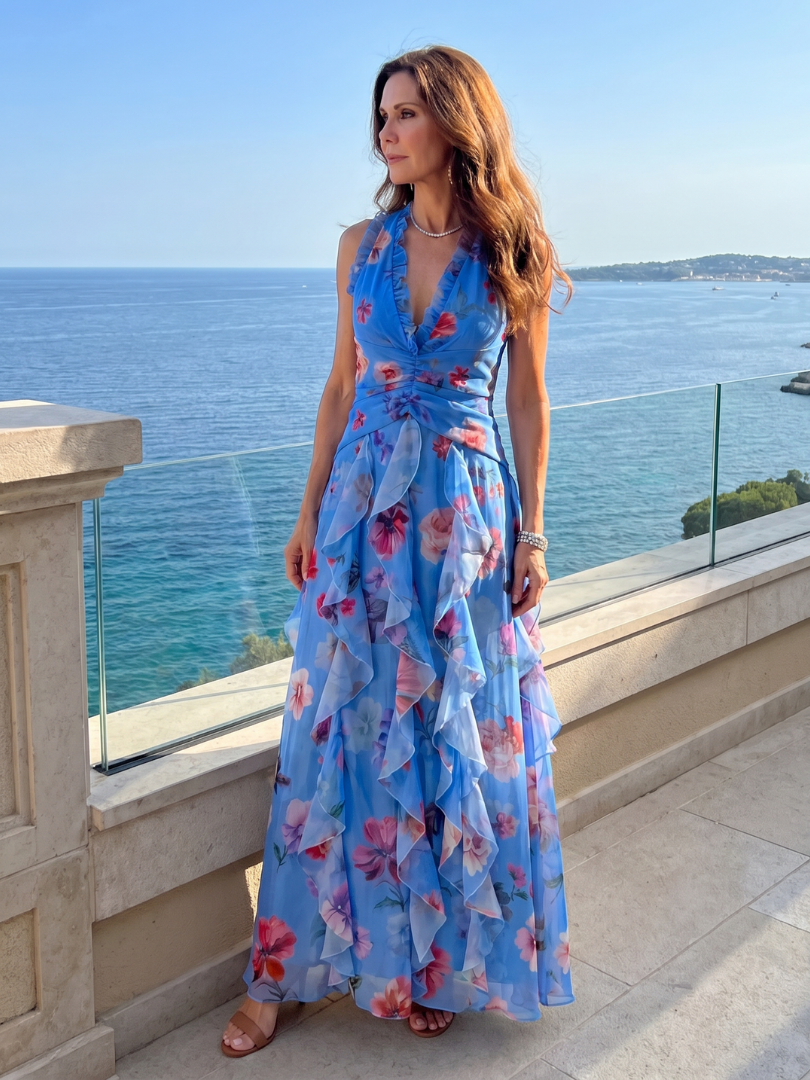 Floral Maxi Dress with Halter Neck and Ruched Bodice – Lightweight Summer Dress for Wedding Guests 4