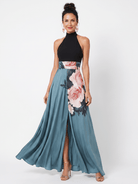 Floral Maxi Dress with Halter Neckline and Front Slit – Elegant Evening Wear in Smooth Fluid Fabric 0