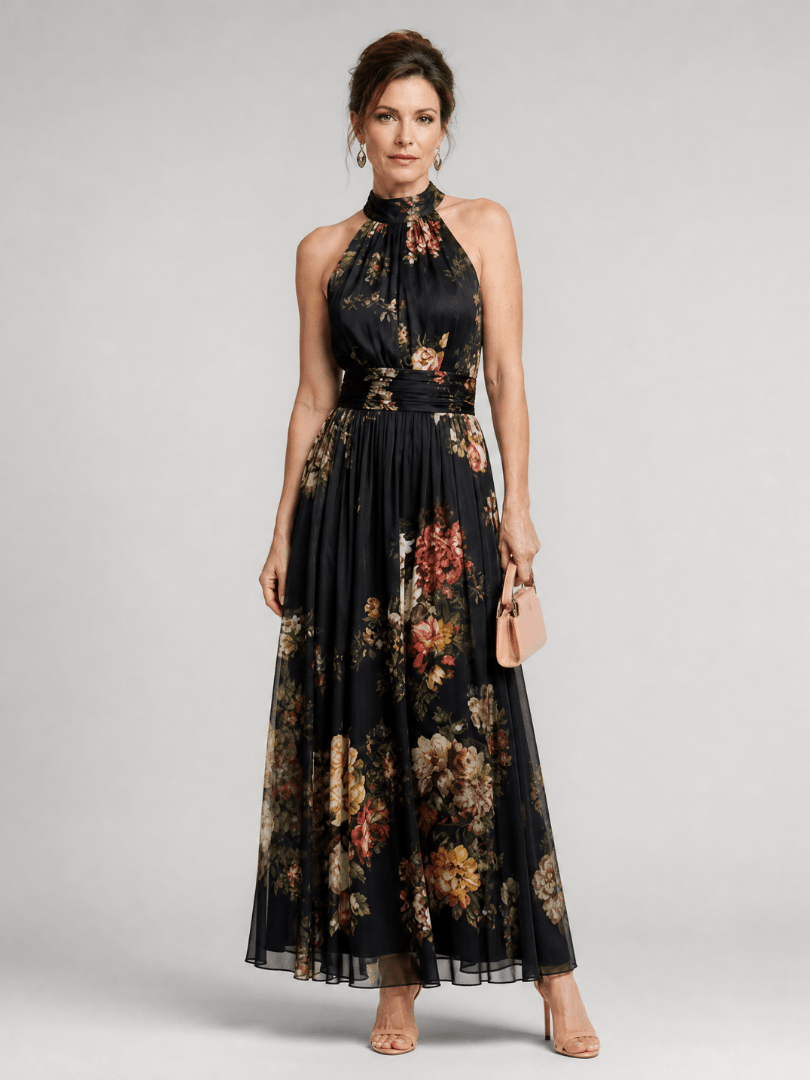 Floral Midi Dress with Defined Waist and Halter Neck – Lightweight Flowing Summer Wedding Guest Dress 0