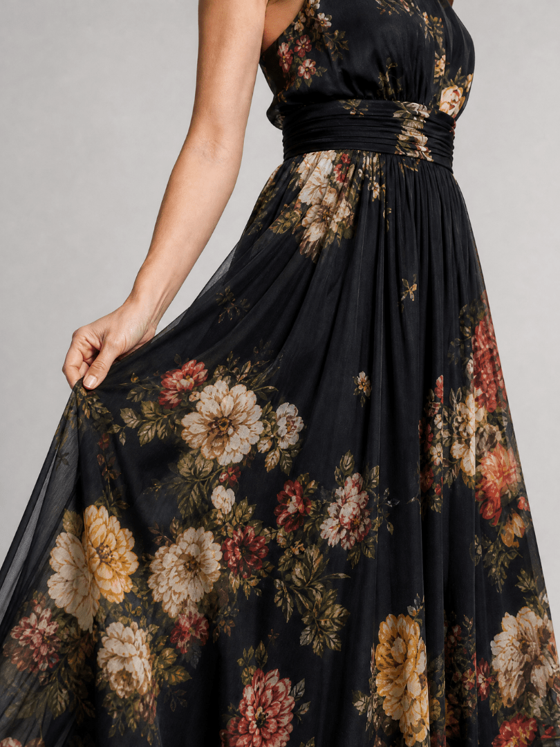 Floral Midi Dress with Defined Waist and Halter Neck – Lightweight Flowing Summer Wedding Guest Dress 1