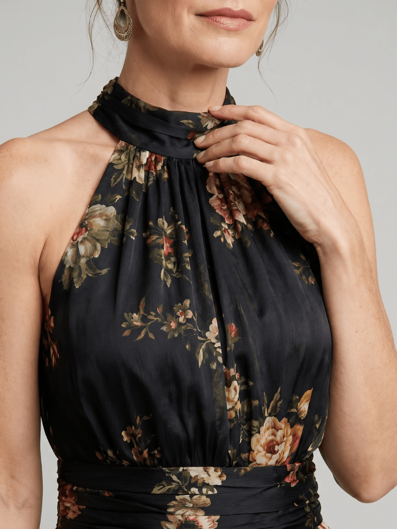 Floral Midi Dress with Defined Waist and Halter Neck – Lightweight Flowing Summer Wedding Guest Dress 2