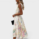 Floral Midi Dress with Watercolor Print and Cinched Waist – Sleeveless Summer Dress for Wedding Guests 1