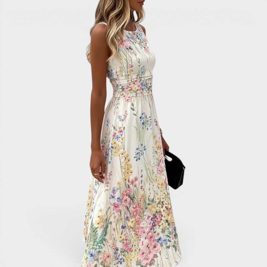 Floral Midi Dress with Watercolor Print and Cinched Waist – Sleeveless Summer Dress for Wedding Guests 2