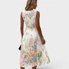 Floral Midi Dress with Watercolor Print and Cinched Waist – Sleeveless Summer Dress for Wedding Guests 3