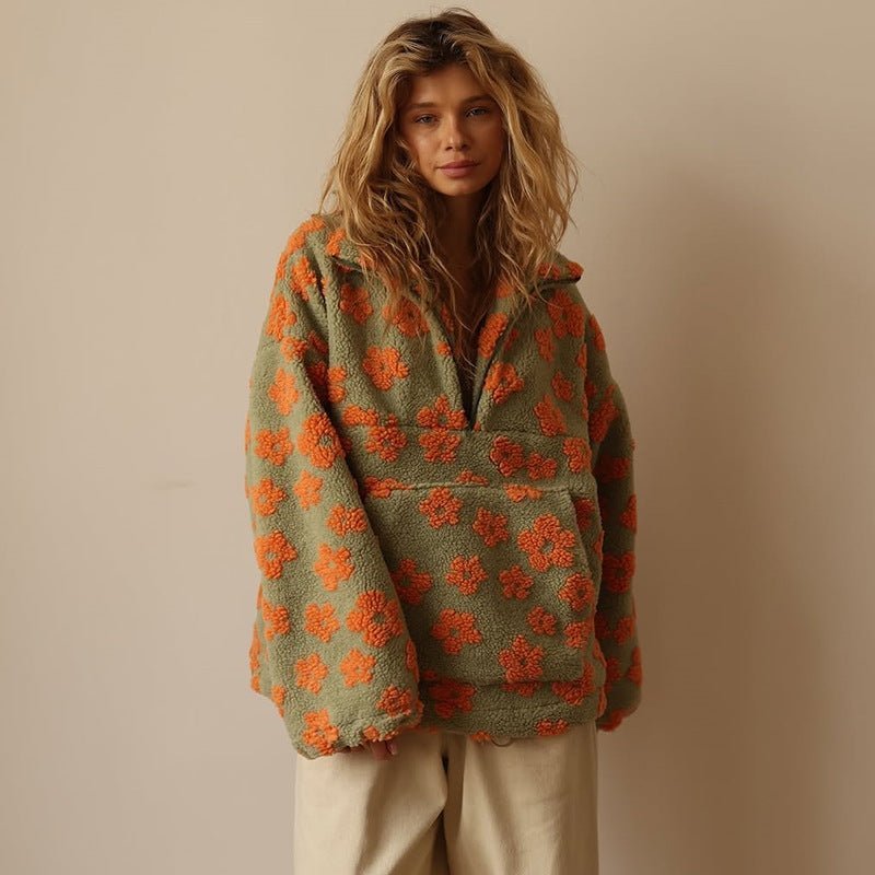 Floral Teddy Fleece Half Zip Jacket featuring a retro daisy print in an oversized sherpa style, perfect for cozy casual wear. 6