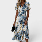 Floral Wrap Midi Dress with Ruched Waist and Gold Accents – Elegant Summer Wedding Guest Dress 0