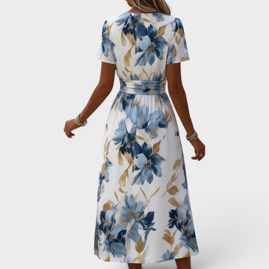 Floral Wrap Midi Dress with Ruched Waist and Gold Accents – Elegant Summer Wedding Guest Dress 3
