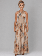 Halter Neck Maxi Dress with Lace Waist and Soft Watercolor Print – Lightweight Flowing Long Dress for Women 0