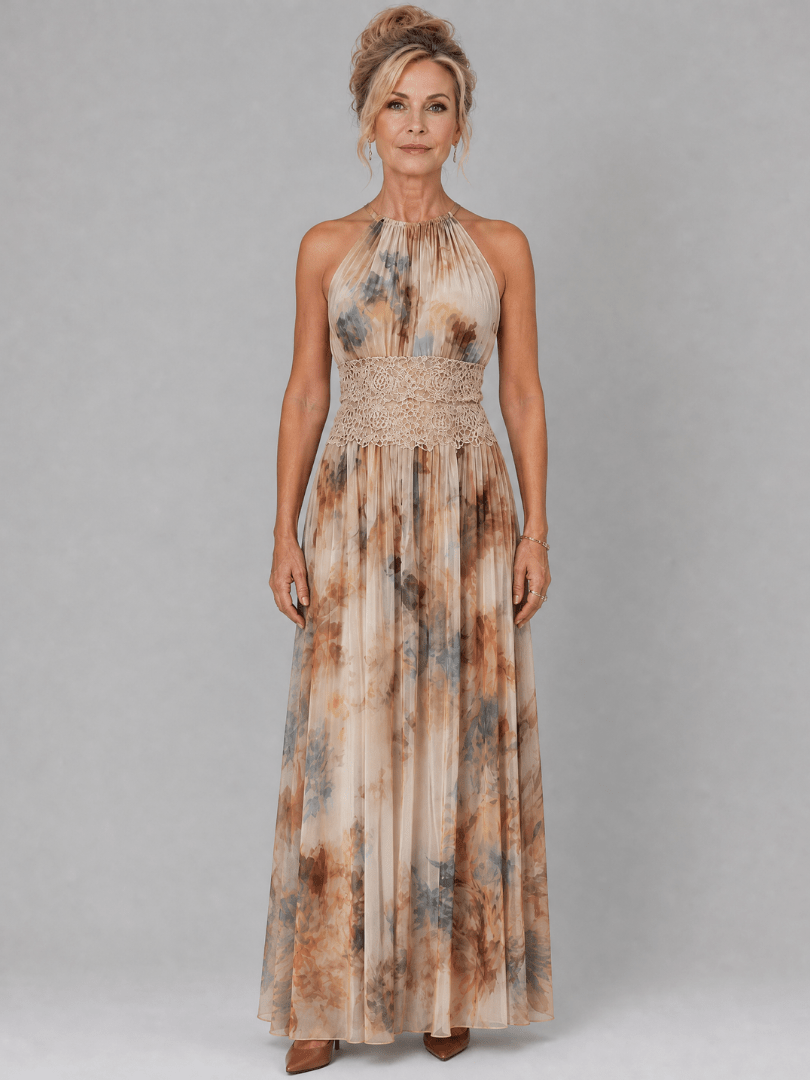 Halter Neck Maxi Dress with Lace Waist and Soft Watercolor Print – Lightweight Flowing Long Dress for Women 0