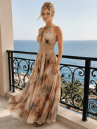 Halter Neck Maxi Dress with Lace Waist and Soft Watercolor Print – Lightweight Flowing Long Dress for Women 1