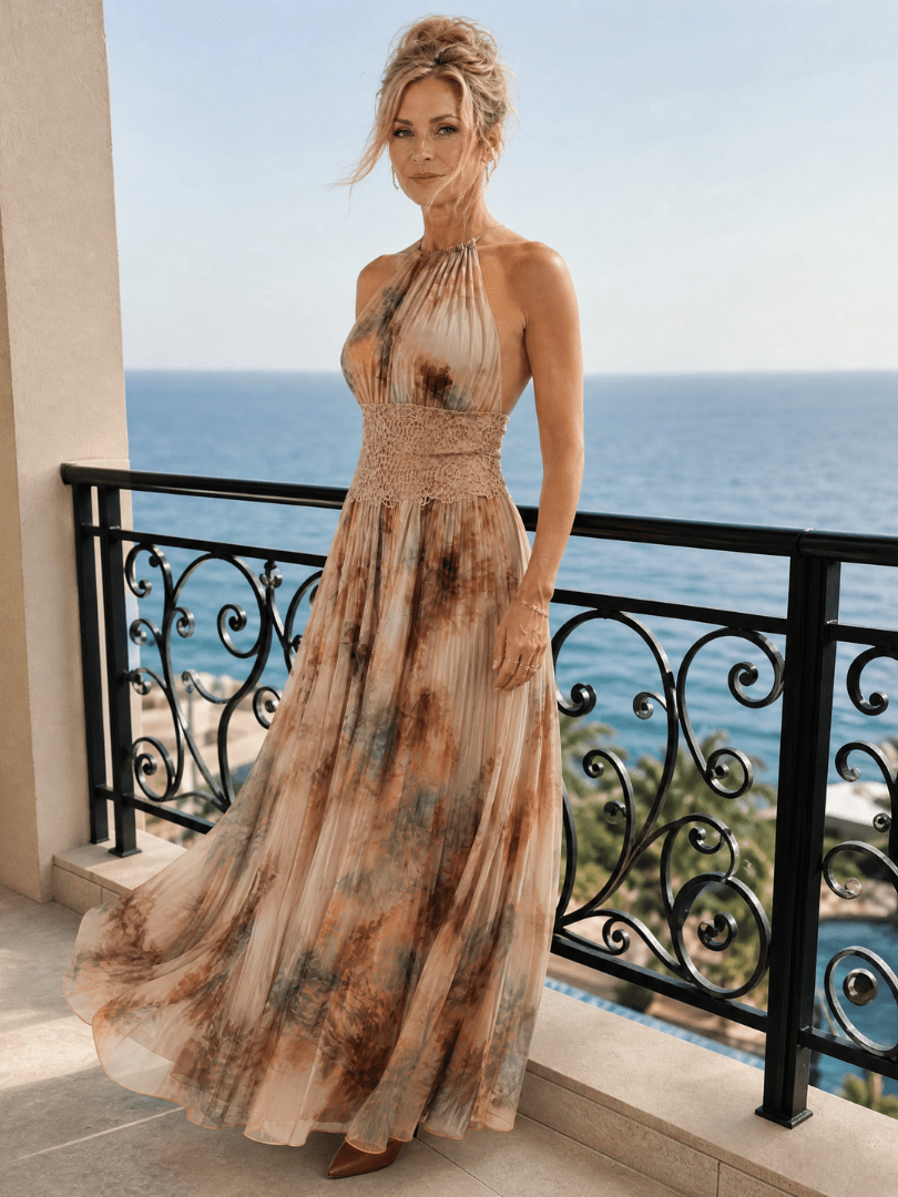 Halter Neck Maxi Dress with Lace Waist and Soft Watercolor Print – Lightweight Flowing Long Dress for Women 1