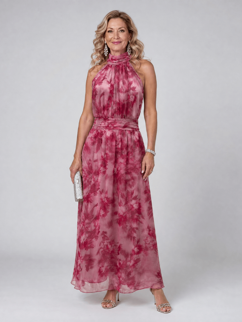 Halter Neck Midi Dress with Defined Waist – Lightweight Fabric for Wedding Guests and Summer Events 0