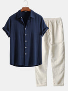 Linen Blend Outfit with Button-Up Shirt and Straight Leg Pants – Comfortable Summer Clothes for Casual or Semi-Formal Wear 0