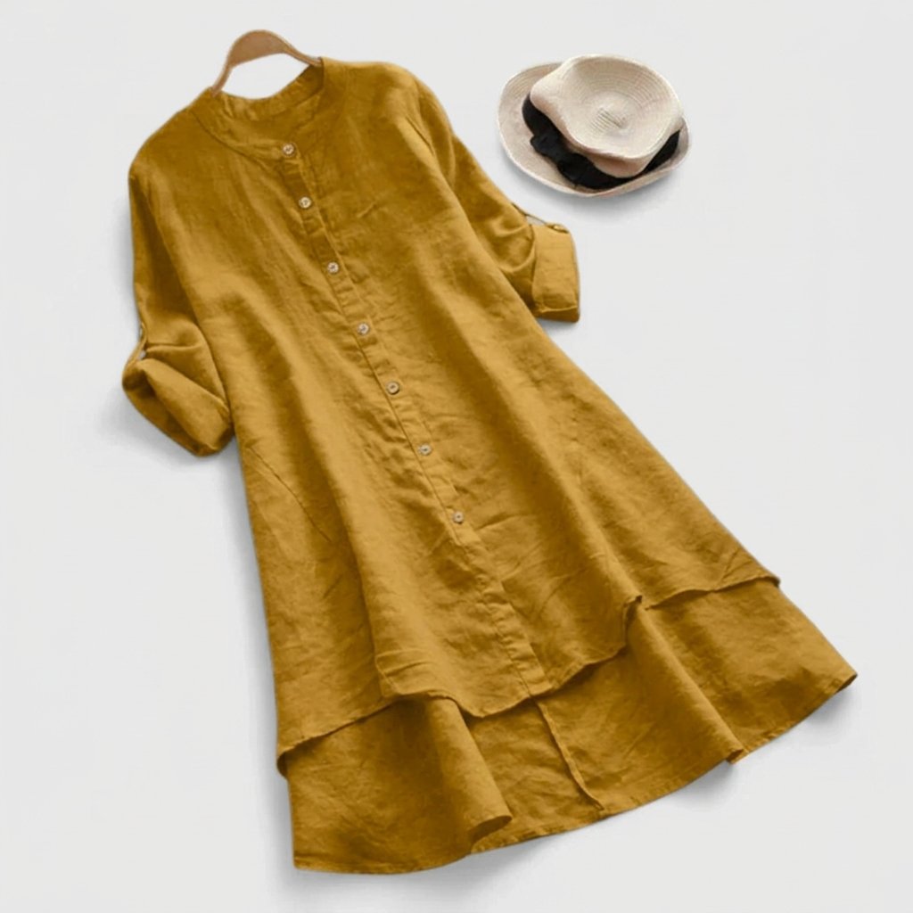 Linen shirt dress with asymmetric layered hem, featuring a versatile button-down design, perfect for summer wear in plus sizes. 0
