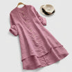 Linen shirt dress with asymmetric layered hem, featuring a versatile button-down design, perfect for summer wear in plus sizes. 2