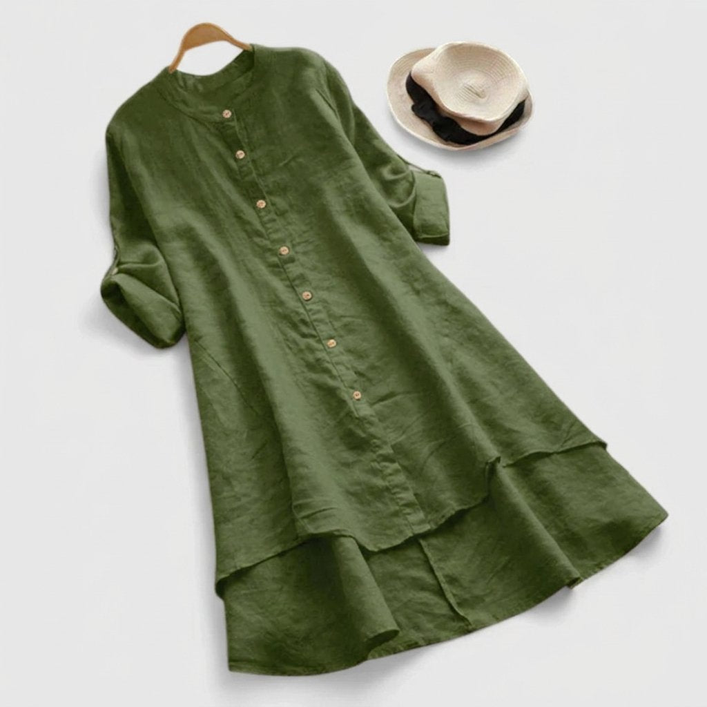 Linen shirt dress with asymmetric layered hem, featuring a versatile button-down design, perfect for summer wear in plus sizes. 3