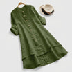 Linen shirt dress with asymmetric layered hem, featuring a versatile button-down design, perfect for summer wear in plus sizes. 3