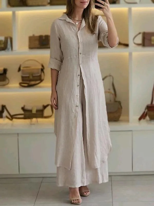 Linen two-piece set featuring a relaxed fit, designed for both men and women, perfect for casual outings with its breathable and lightweight fabric. 0