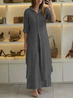 Linen two-piece set featuring a relaxed fit, designed for both men and women, perfect for casual outings with its breathable and lightweight fabric. 1