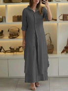 Linen two-piece set featuring a relaxed fit, designed for both men and women, perfect for casual outings with its breathable and lightweight fabric. 1