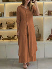 Linen two-piece set featuring a relaxed fit, designed for both men and women, perfect for casual outings with its breathable and lightweight fabric. 4