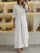 Linen two-piece set featuring a relaxed fit, designed for both men and women, perfect for casual outings with its breathable and lightweight fabric. 5