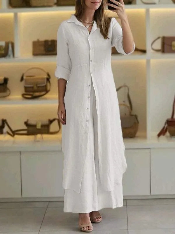 Linen two-piece set featuring a relaxed fit, designed for both men and women, perfect for casual outings with its breathable and lightweight fabric. 5