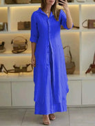 Linen two-piece set featuring a relaxed fit, designed for both men and women, perfect for casual outings with its breathable and lightweight fabric. 6